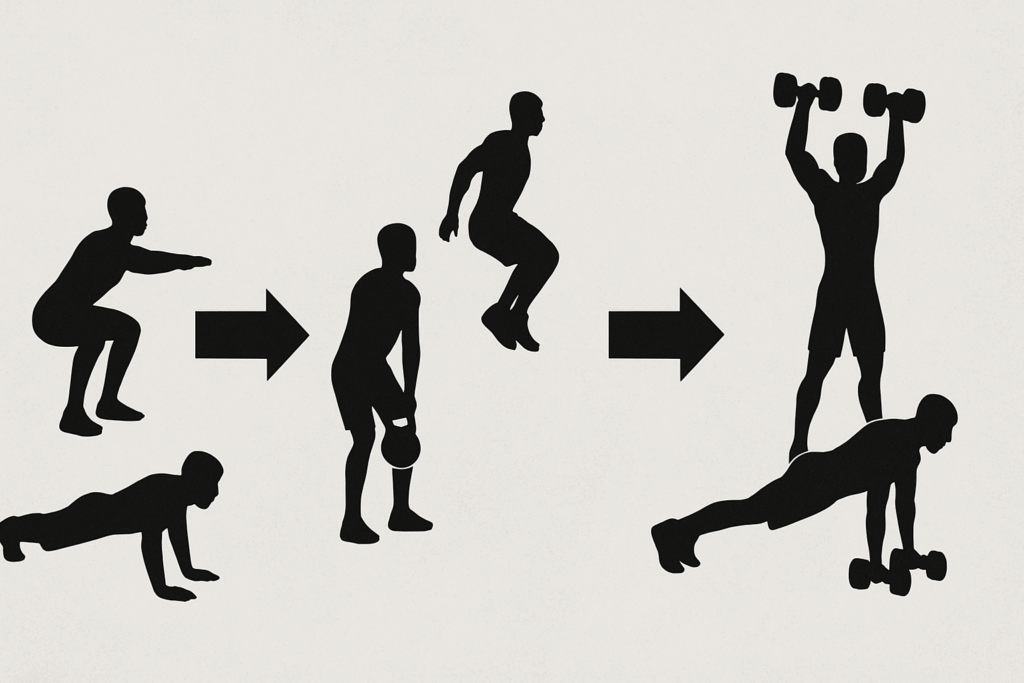 Boost Endurance and Burn Fat Smarter: How Cardiovascular Circuit Training Exercises Improve Performance and Heart Health 6 Infographic showing progression of cardiovascular circuit training exercises from beginner to advanced using body silhouettes