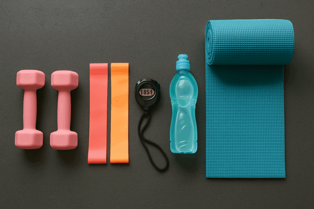 Flat-lay image of workout essentials for a weekly workout plan for women, including pink dumbbells, resistance bands, a stopwatch, water bottle, and a teal yoga mat on a clean gym floor.