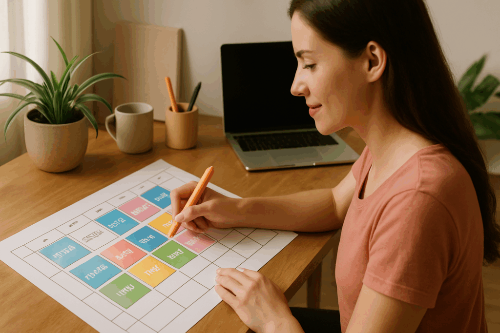 A woman creating a weekly workout plan for women by marking colorful workout blocks like strength, cardio, yoga, and rest on a calendar in a calm, organized workspace.
