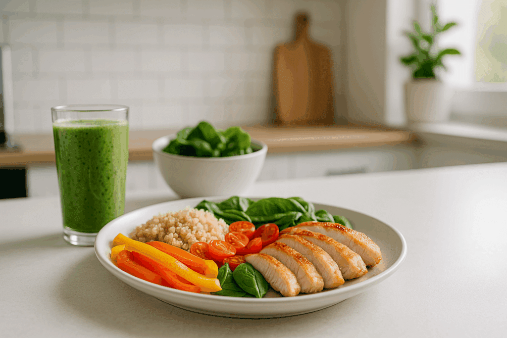 "Healthy meal with grilled chicken, quinoa, colorful vegetables, and a green smoothie, perfect for a weekly workout plan for women to support balanced nutrition and recovery