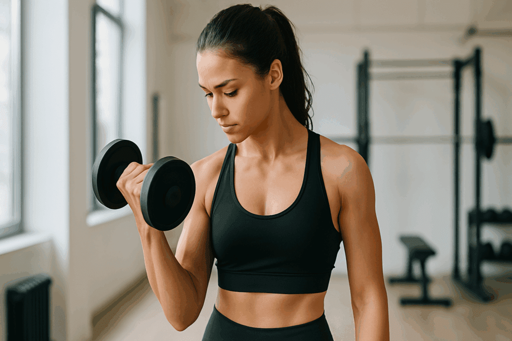 Focused woman performing a mindful bicep curl in a bright gym, emphasizing concentration and form, as part of her weekly workout plan for women