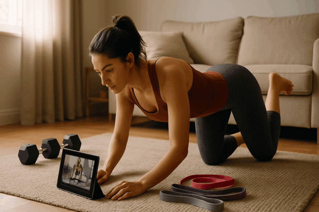 Young woman following a weekly workout plan for women at home using a fitness app on a tablet, with dumbbells and resistance bands nearby in a cozy, naturally lit living room