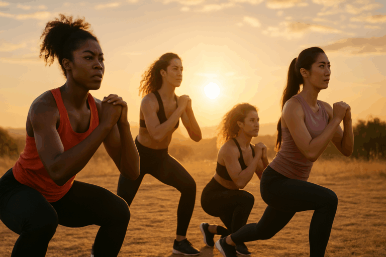 Diverse group of strong women performing squats and lunges outdoors at sunrise, illustrating a weekly workout plan for women.