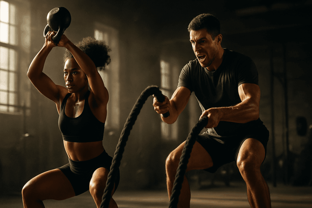 Diverse athletes performing battle ropes and kettlebell swings in an industrial gym to boost endurance and power.