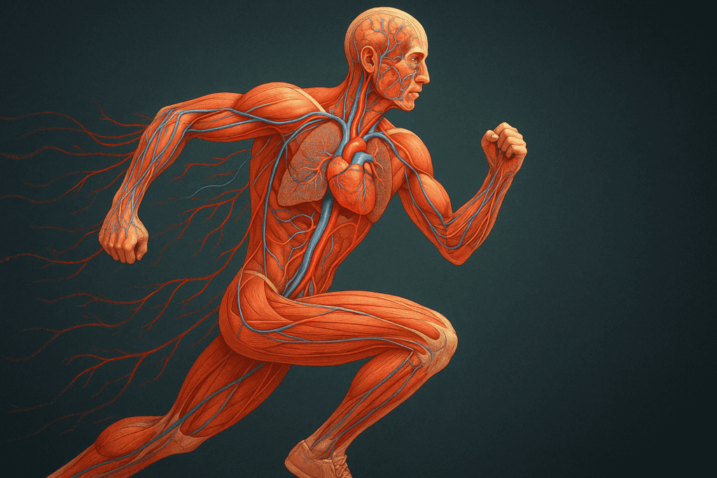 Anatomical illustration of a man running, highlighting muscles and cardiovascular system to show how exercise helps boost endurance and power