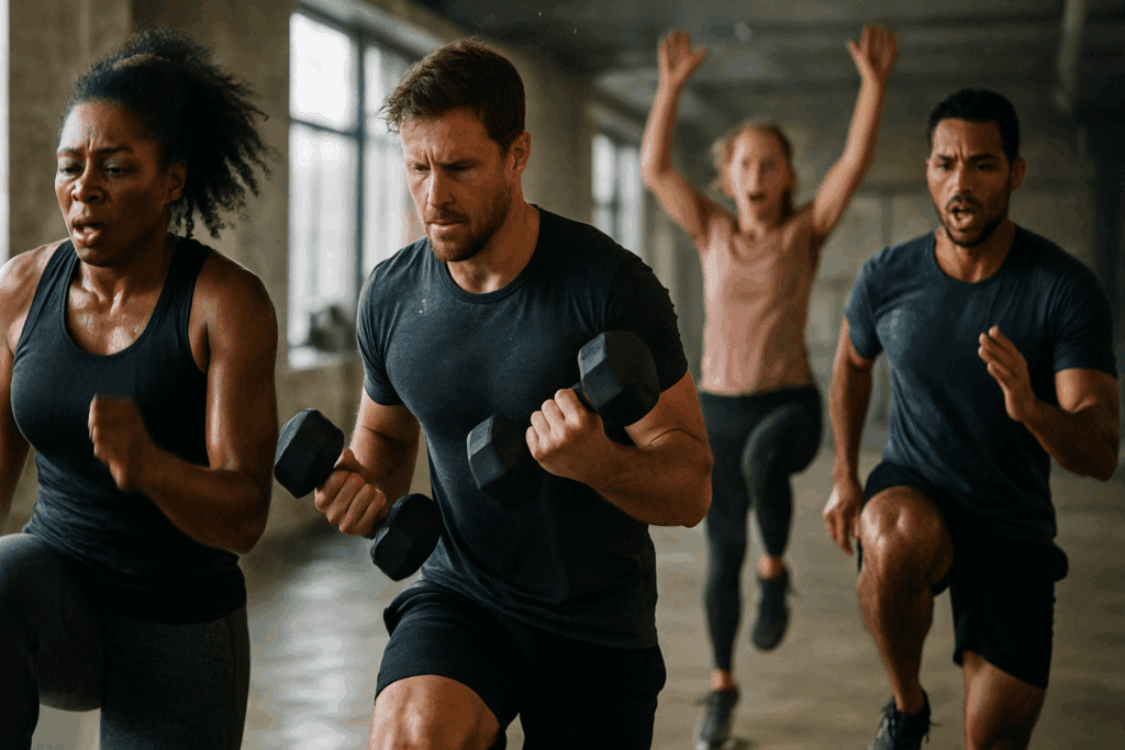 Diverse fitness class performing high-intensity circuit training with dumbbells and cardio moves to boost endurance and power.