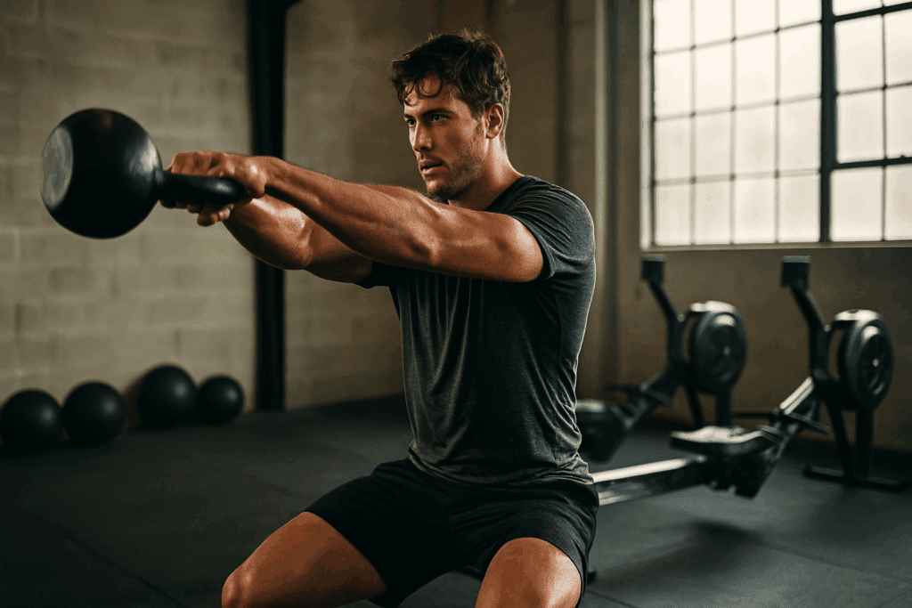 Athlete doing kettlebell swings in a gym to boost endurance and power, with sweat and focus visible
