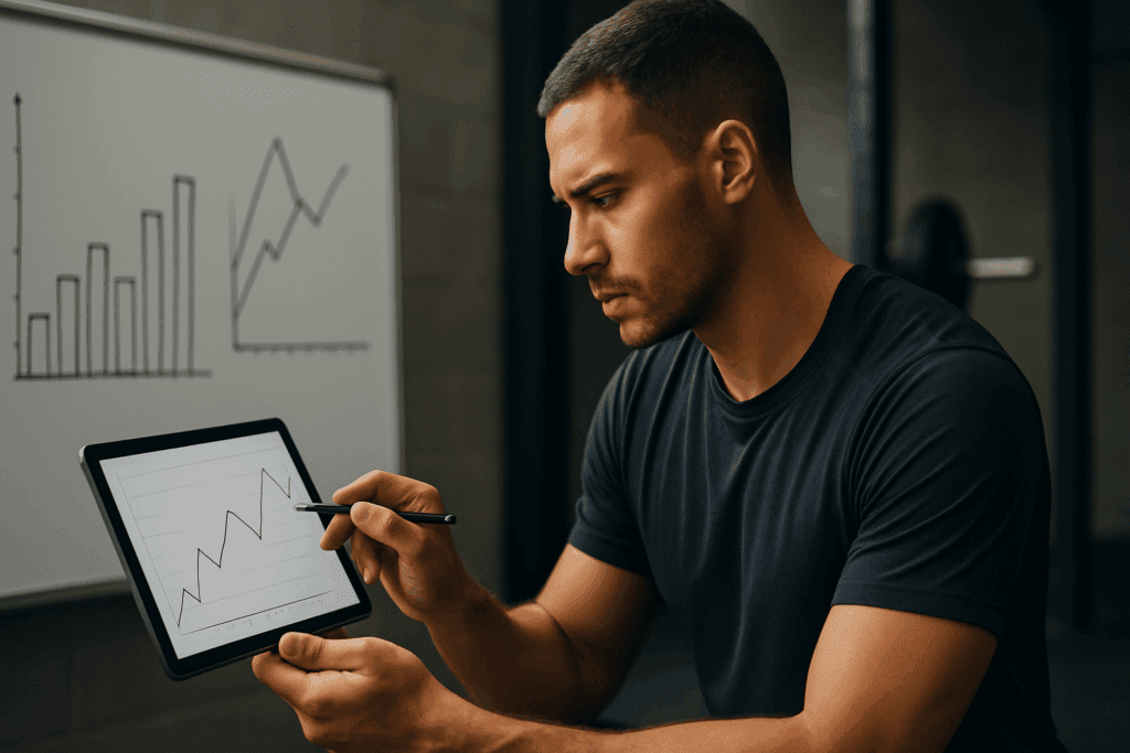 Focused athlete analyzing training graphs on a tablet in a gym to boost endurance and power.