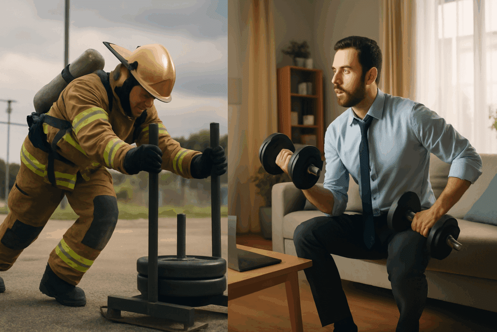 Firefighter pushing a weighted sled outdoors and a professional doing dumbbell curls at home, both training to boost endurance and power