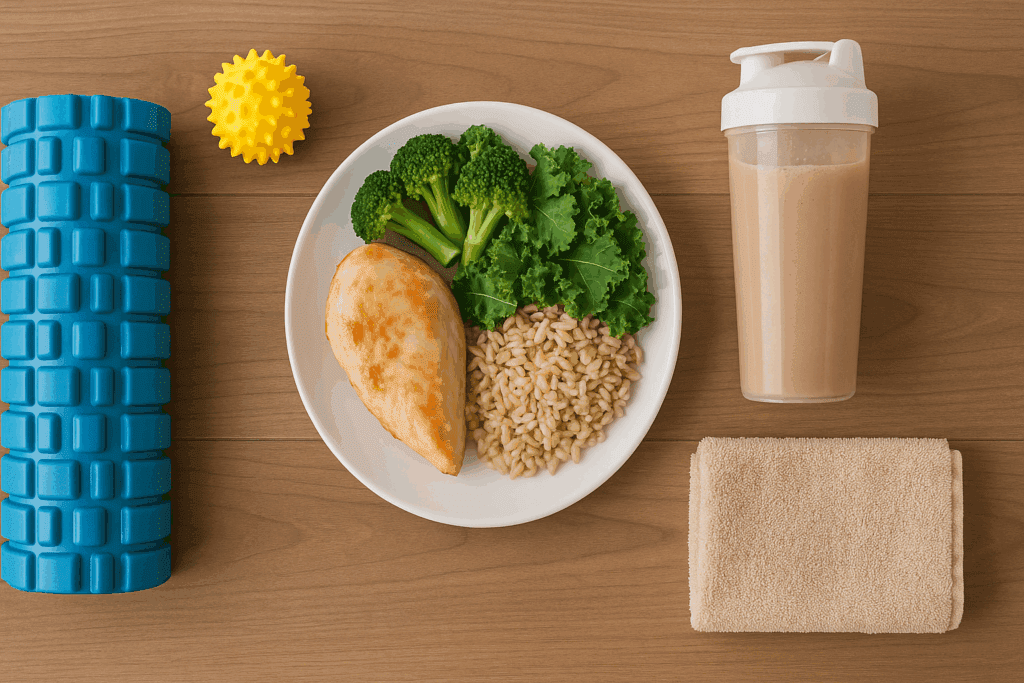 Flat lay of post-workout recovery essentials including lean protein, leafy greens, complex carbs, a protein shake, foam roller, and massage ball to boost endurance and power.