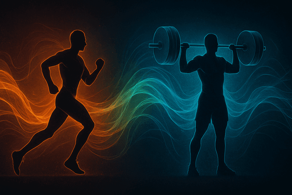 Human silhouettes engaged in a cardio and strength training plan: one figure running with energy waves in warm colors and the other lifting a barbell surrounded by cool-toned energy waves, illustrating the synergy between endurance and power