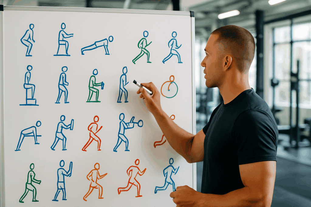 Fitness coach planning a cardio and strength training plan on a whiteboard filled with exercise diagrams in a modern gym