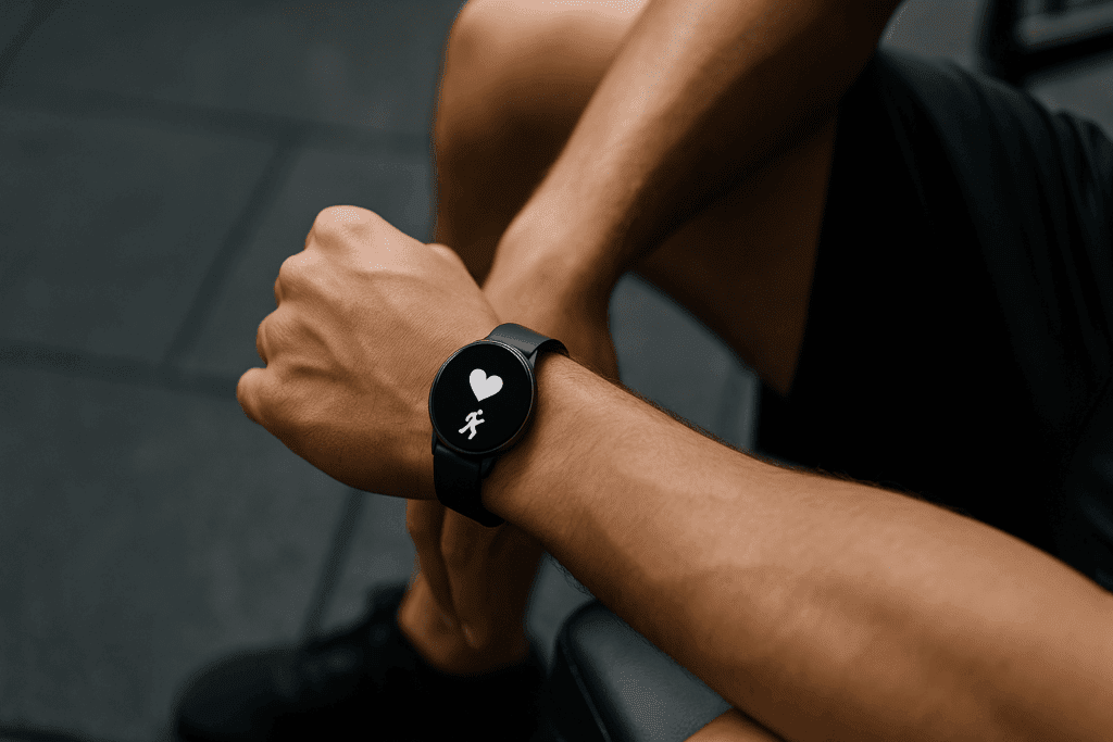 Fitness tracker watch on athlete’s wrist displaying heart and running icons on a gym bench, illustrating a cardio and strength training plan.