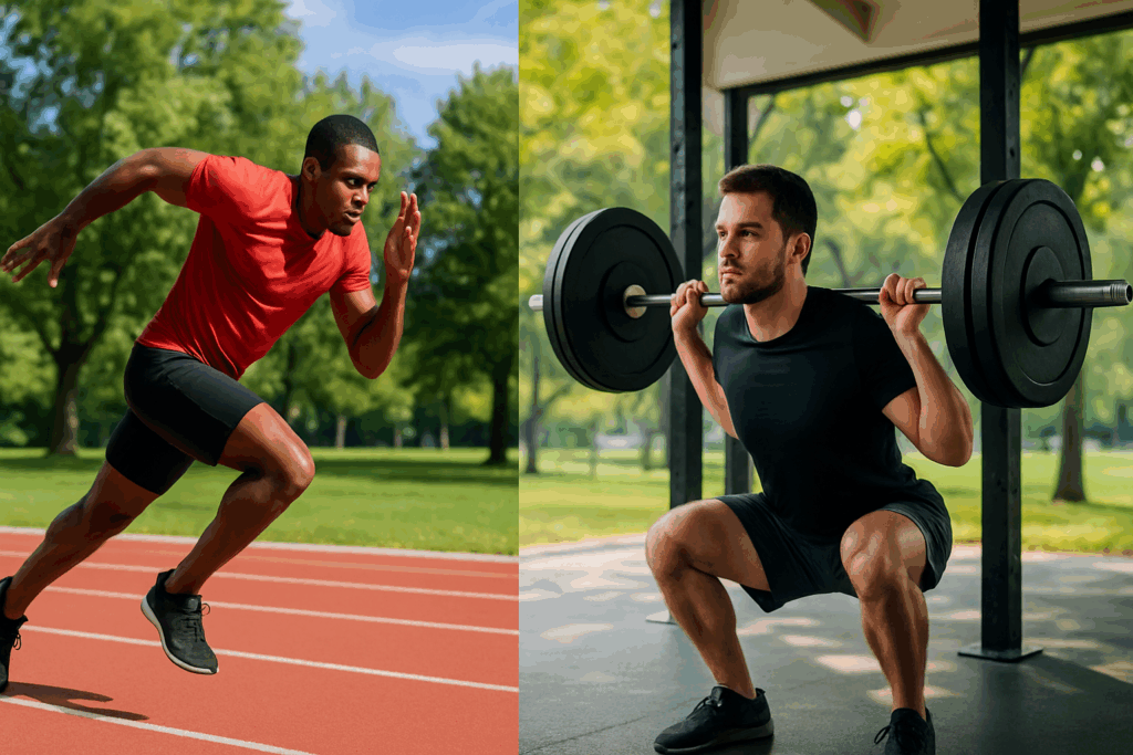 Sprinter on a track next to an athlete doing barbell squats in a park, illustrating a cardio and strength training plan
