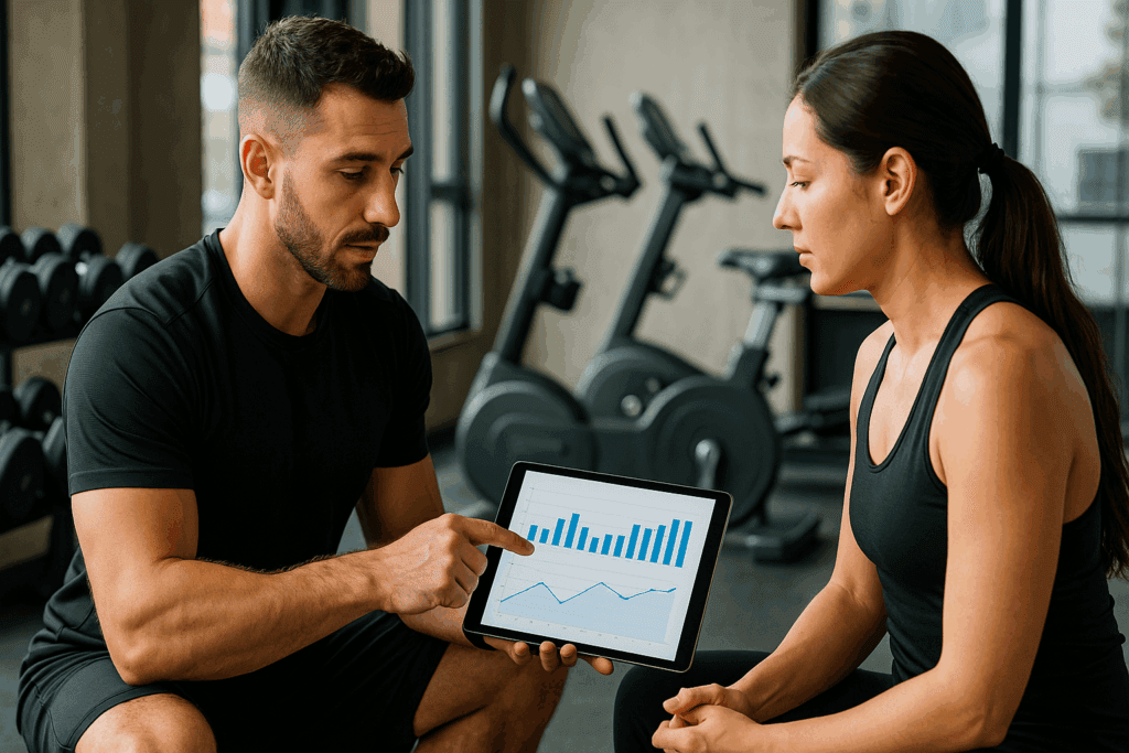 Trainer reviewing exercise graphs on a tablet with client in a gym to demonstrate a cardio and strength training plan.