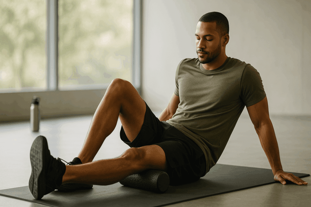 Man foam rolling thigh on gym mat with hydration gear, showing recovery in a cardio and strength training plan