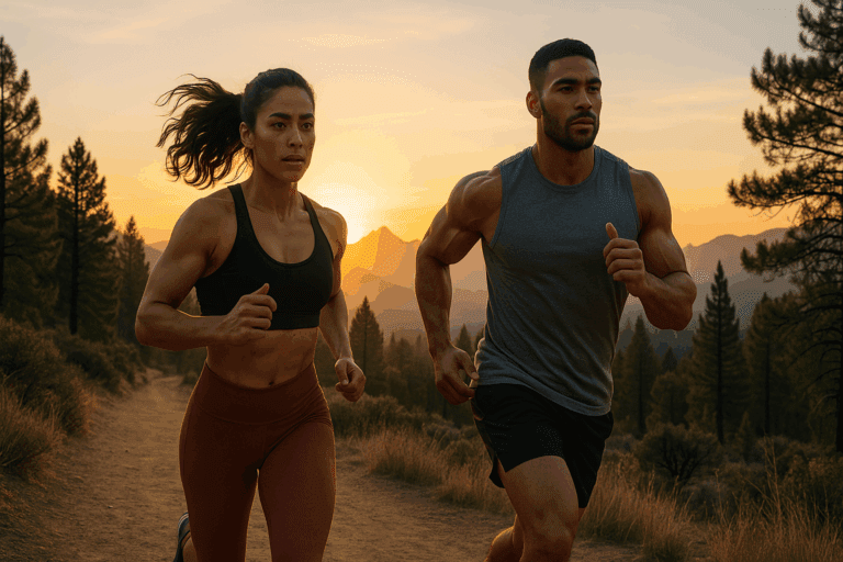 Fit man and woman running together on a scenic trail at sunrise, showcasing a cardio and strength training plan with their strong, defined physiques against a natural backdrop of mountains and trees