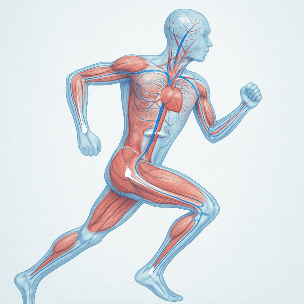 Anatomical illustration of a human in a running pose showing muscle and blood flow synergy, visualizing stretches for cardio workouts.