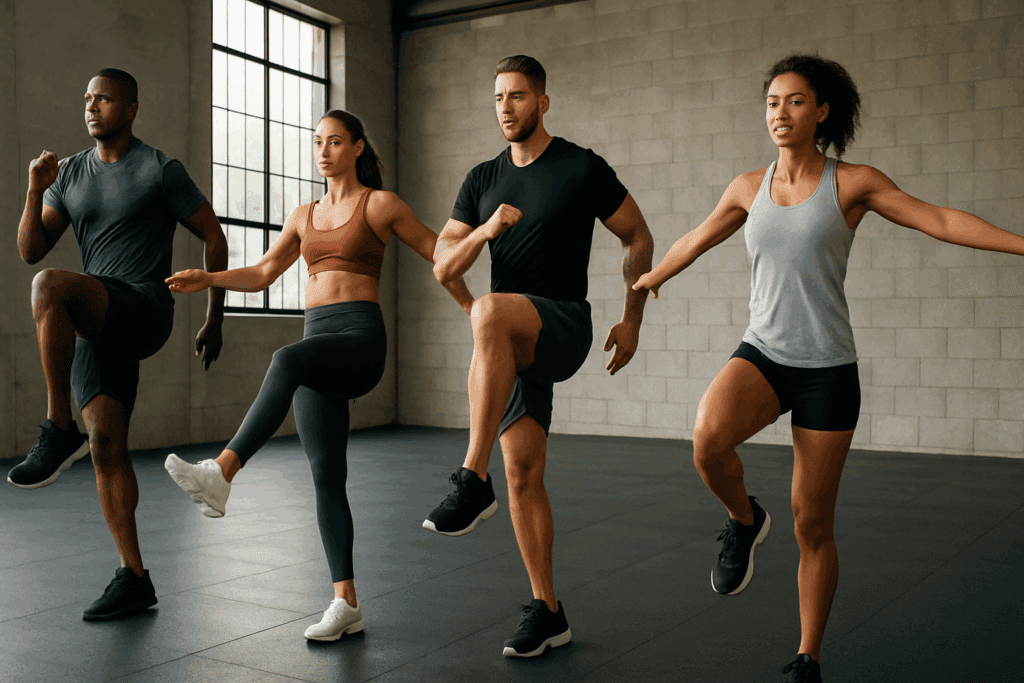 Diverse athletes performing stretches for cardio workouts, including high knees, leg swings, and arm circles in a well-lit gym.