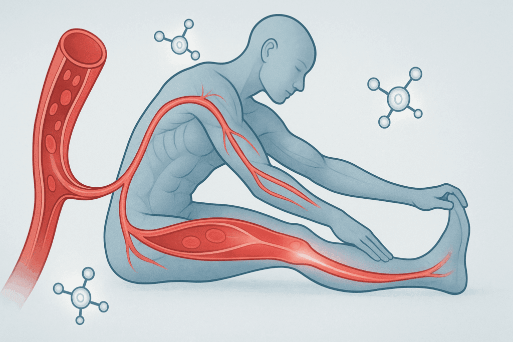 Conceptual illustration showing how stretches for cardio workouts enhance blood flow and nitric oxide release in muscle tissue