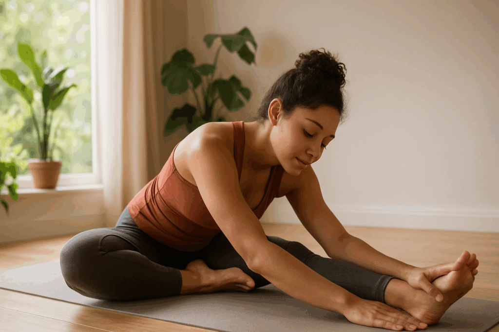 Woman practicing pigeon pose in a sunlit room with greenery, representing mindfulness and stretches for cardio workouts