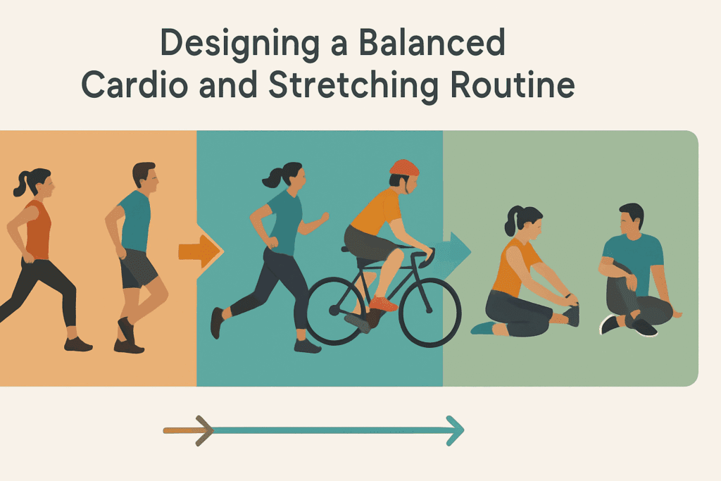 Infographic showing three-phase routine with warm-up movements, cardio exercises, and stretches for cardio workouts using illustrated figures and color-coded sections