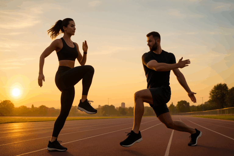 Man lunging with arm twist and woman doing high knees at sunrise on a track, demonstrating stretches for cardio workouts