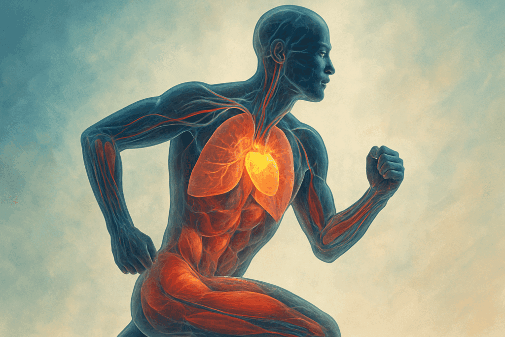 Semi-transparent human figure mid-run showing activated muscles, glowing heart, and highlighted lungs during a quick ten minute workout.