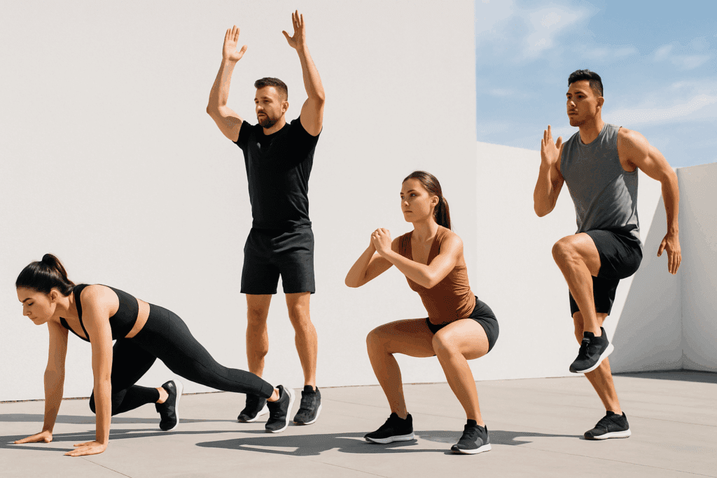 Four athletes performing mountain climbers, burpees, squats, and high knees outdoors as part of a quick ten minute workout.