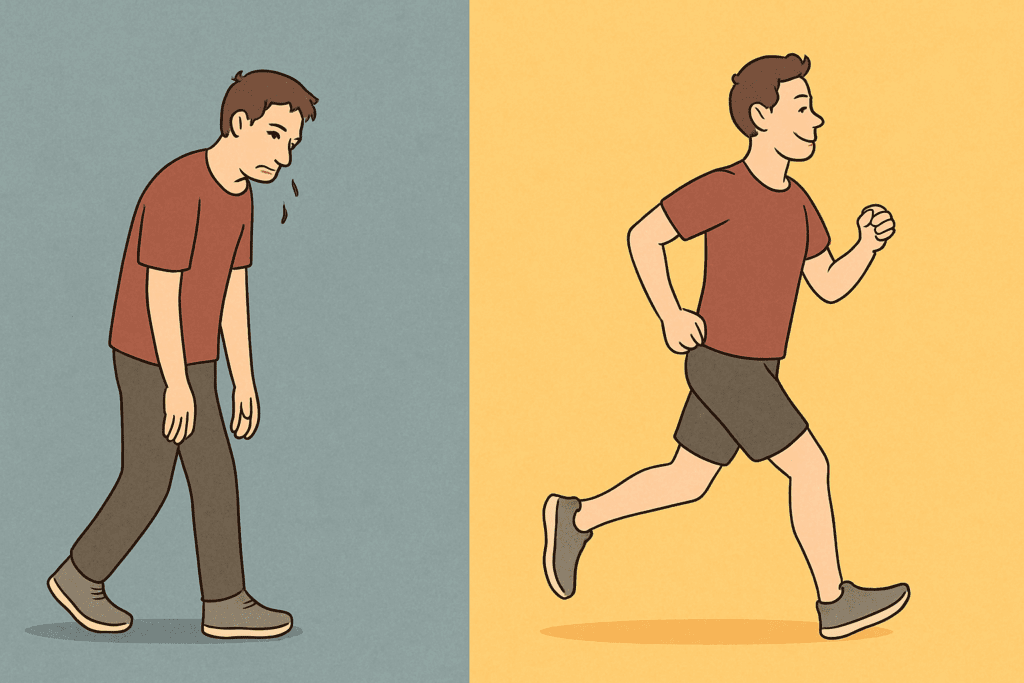 Tired person walking slowly beside energized runner to show heart health improvement from a quick ten minute workout