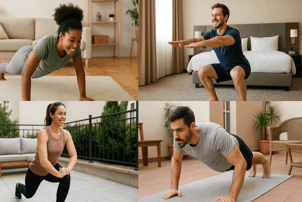 Diverse group of people doing a quick ten minute workout with bodyweight exercises like push-ups, squats, and lunges in living rooms, hotel rooms, and outdoor patios.