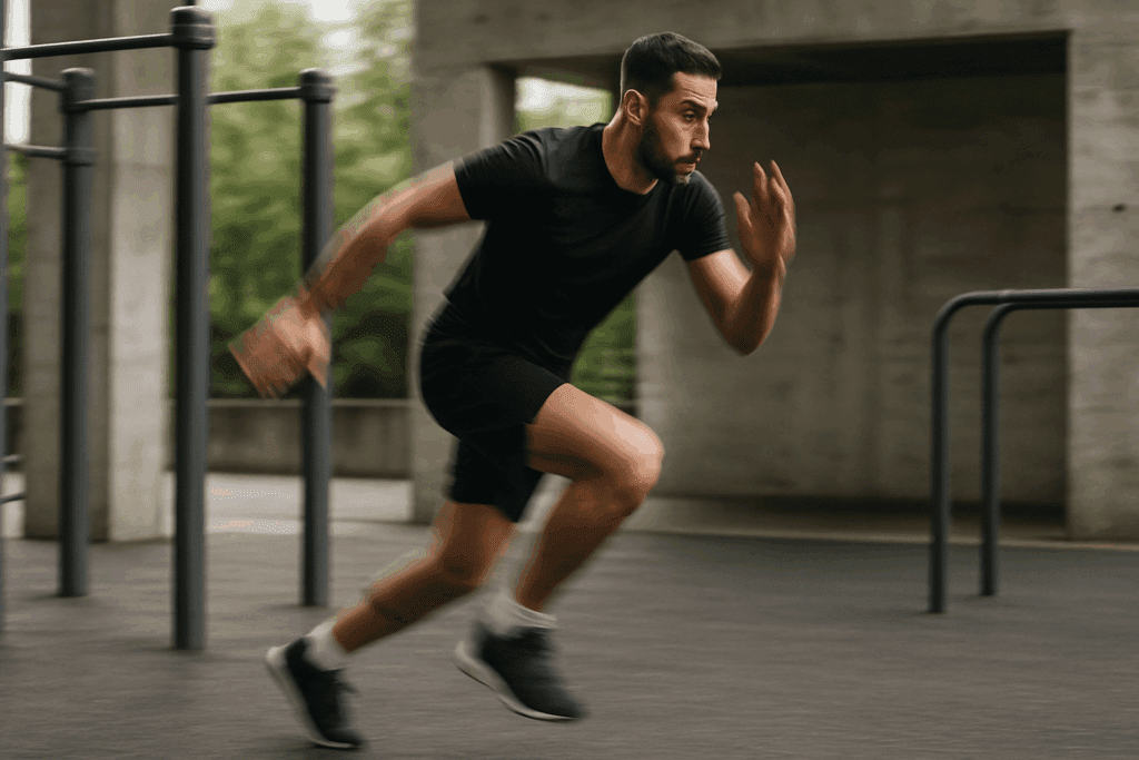 Focused athlete performing a jump squat in an urban fitness park, demonstrating speed and agility during a quick ten minute workout.