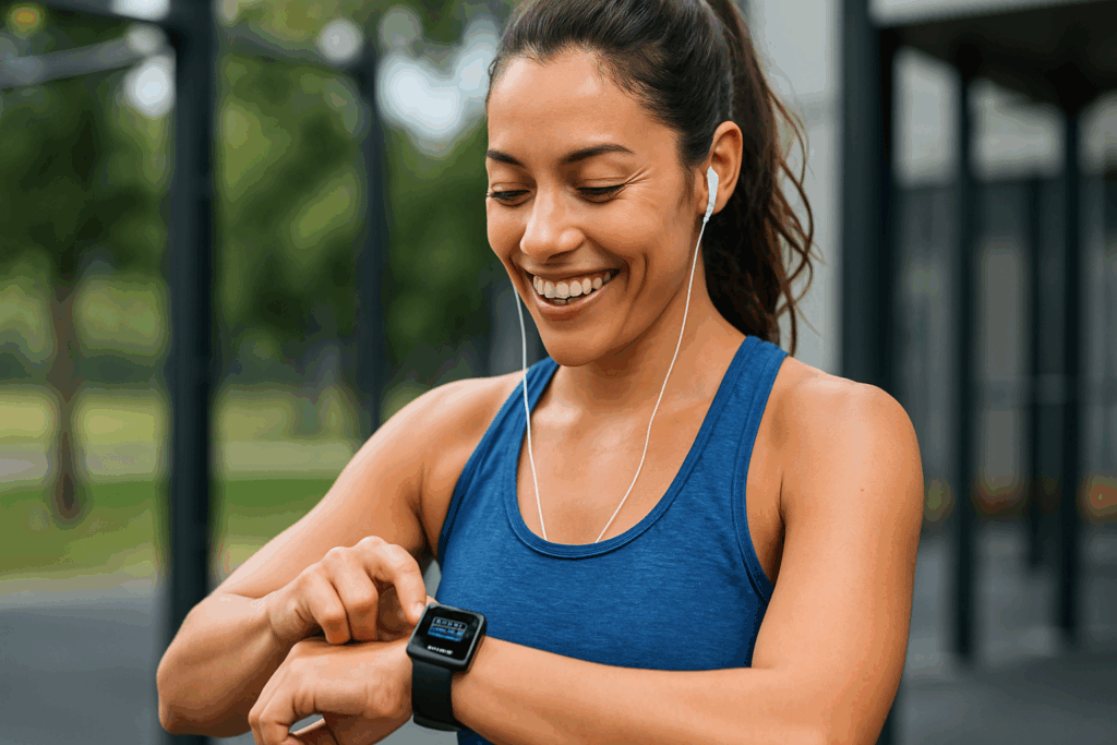 Woman smiling after completing a quick ten minute workout, checking her fitness progress on a smartwatch outdoors on a sunny day