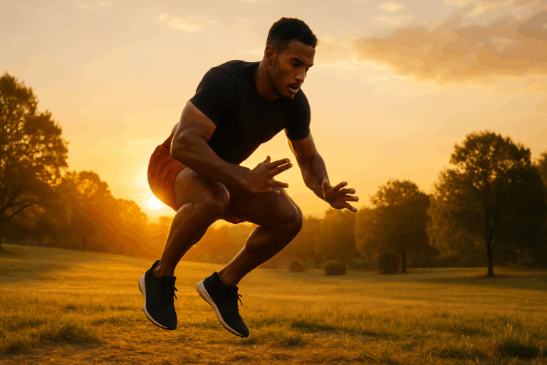 Fit man performing a jump squat in a park at sunrise during a quick ten minute workout to build strength and endurance