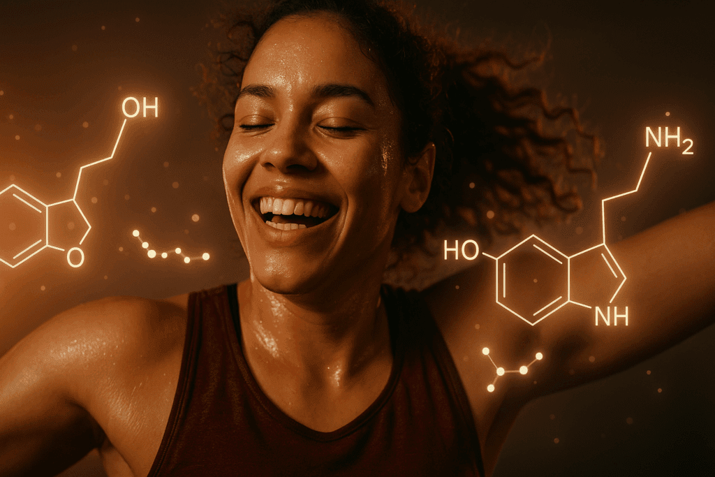 Boost Endurance with Fun Cardio Activities: Enjoyable Ways to Build Stamina and Enhance Performance Naturally 2 Smiling woman mid-workout surrounded by glowing serotonin and dopamine symbols, illustrating brain benefits of fun cardio activities.