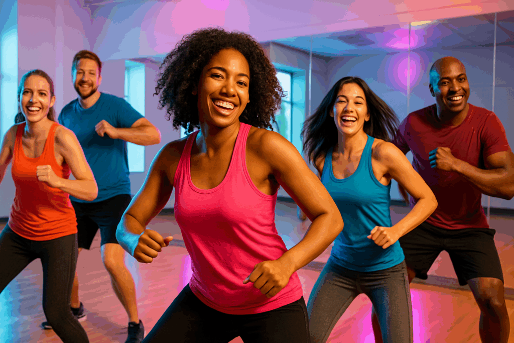 Boost Endurance with Fun Cardio Activities: Enjoyable Ways to Build Stamina and Enhance Performance Naturally 3 Diverse group of adults doing Zumba in a brightly lit studio, smiling and enjoying fun cardio activities.