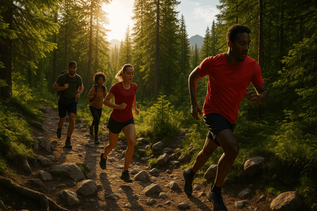 Boost Endurance with Fun Cardio Activities: Enjoyable Ways to Build Stamina and Enhance Performance Naturally 5 Diverse group of people enjoying fun cardio activities like trail running and hiking through a scenic mountain forest at sunrise.