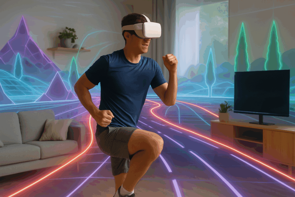 Boost Endurance with Fun Cardio Activities: Enjoyable Ways to Build Stamina and Enhance Performance Naturally 6 Man wearing a VR headset doing fun cardio activities in a living room with virtual race tracks and digital landscapes