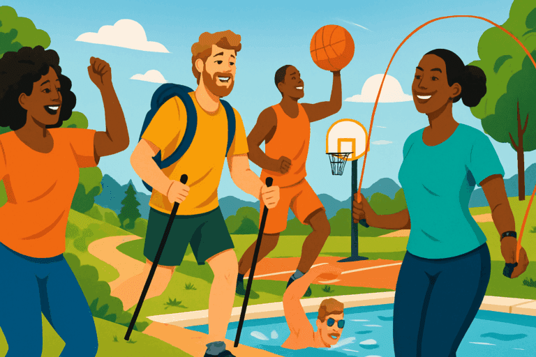 Diverse group of smiling adults enjoying fun cardio activities like dancing, hiking, basketball, swimming, and jump rope in a sunny outdoor park.