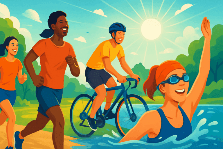Group of fit, diverse people jogging, cycling, and swimming outdoors under a bright sky, showcasing the best exercise to increase HDL.