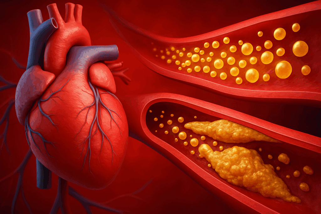 Healthy heart with clear arteries showing golden HDL particles flowing smoothly, illustrating cardiovascular benefits of the best exercise to increase HDL.
