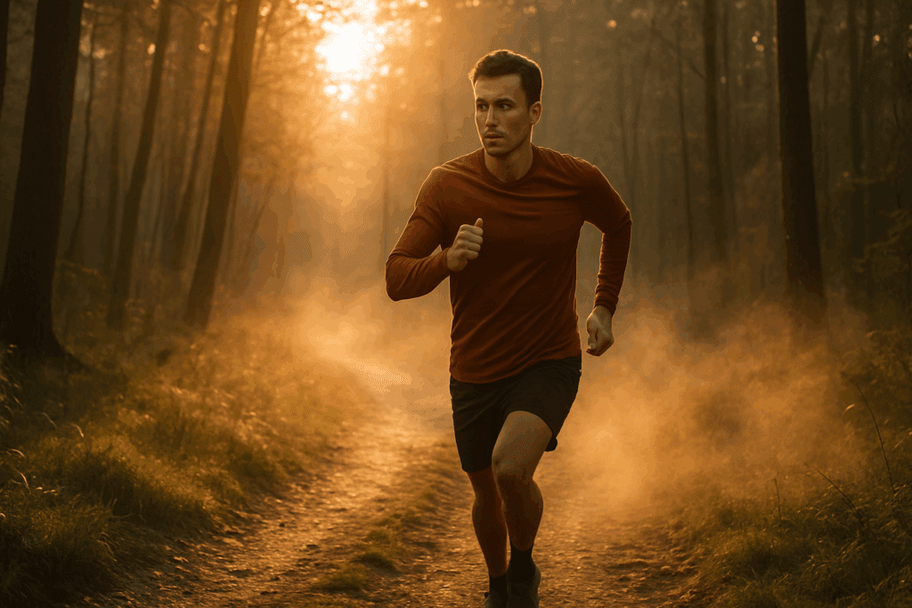 Focused runner on a misty forest trail at sunrise, showcasing the best exercise to increase HDL through inspiring aerobic activity.