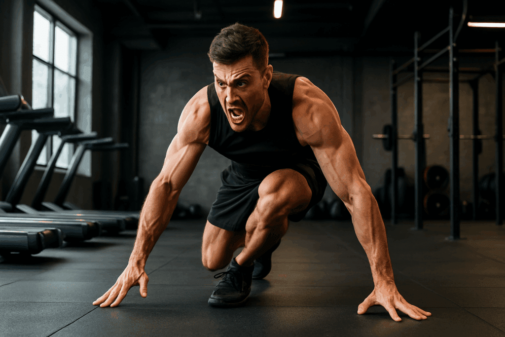 Athletic man performing high-intensity burpees in a gym, demonstrating the best exercise to increase HDL and boost stamina.