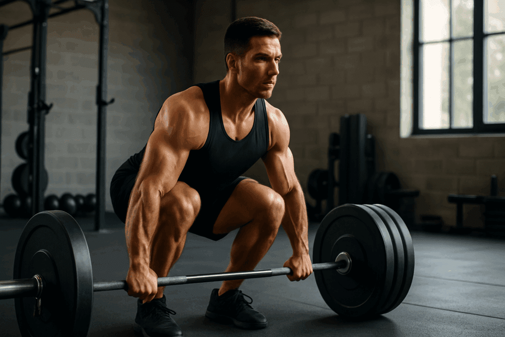 Strong, fit man performing a deadlift in a bright gym to demonstrate the best exercise to increase HDL and promote heart health.