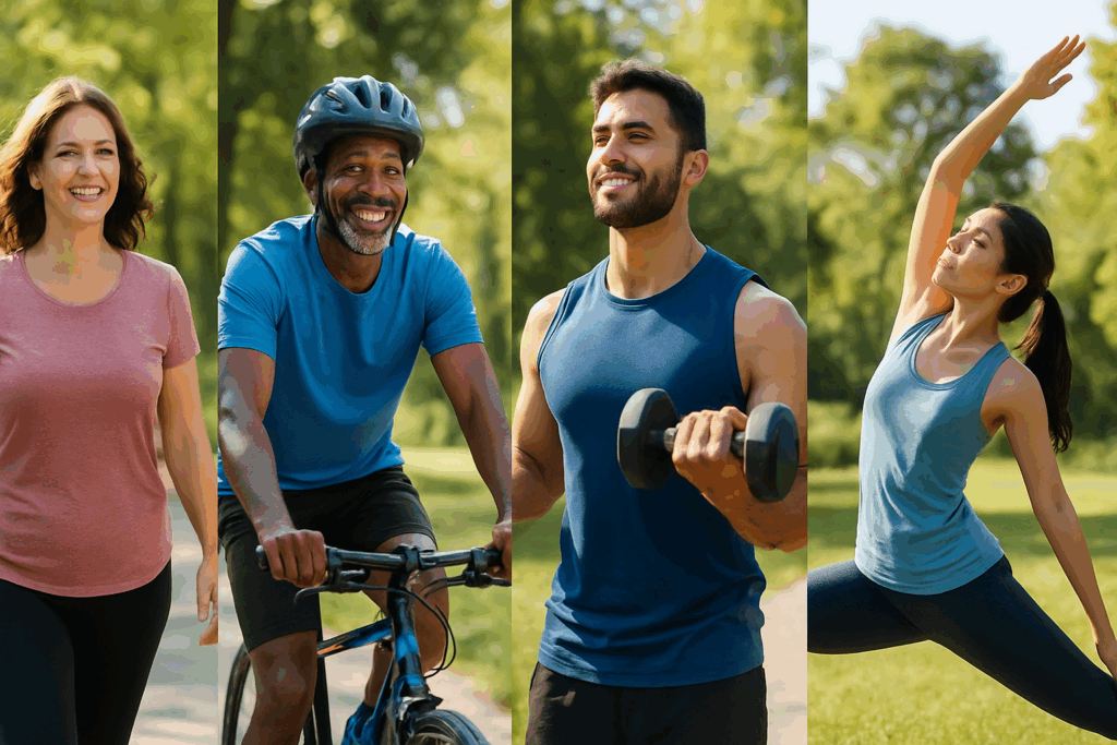 Diverse group of people engaging in walking, cycling, strength training, and yoga outdoors, showcasing best exercise to increase HDL.