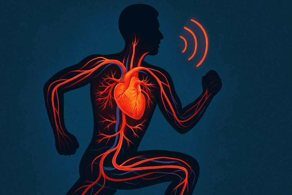 Boost Heart Health and Burn Calories Fast: Easy 10 Minute Cardio Workout at Home for Busy Adults 1 Human heart and circulatory system mid-exercise illustrating benefits of an Easy 10 Minute Cardio Workout at Home
