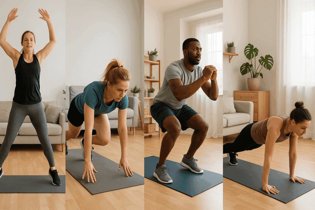Boost Heart Health and Burn Calories Fast: Easy 10 Minute Cardio Workout at Home for Busy Adults 2 Four people performing an Easy 10 Minute Cardio Workout at Home with jumping jacks, mountain climbers, squat jumps, and burpees on yoga mats in a cozy living room
