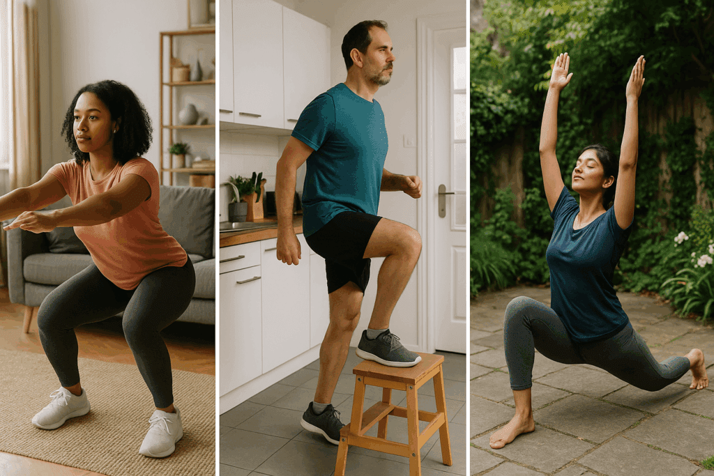 Boost Heart Health and Burn Calories Fast: Easy 10 Minute Cardio Workout at Home for Busy Adults 3 Diverse adults doing an easy 10 minute cardio workout at home—squats in a living room, step-ups in a kitchen, and yoga stretches outdoors.