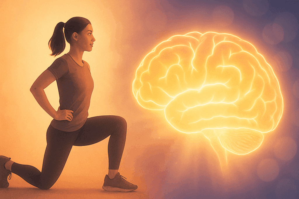 Boost Heart Health and Burn Calories Fast: Easy 10 Minute Cardio Workout at Home for Busy Adults 4 Side-by-side concept showing an Easy 10 Minute Cardio Workout at Home with a woman doing lunges and a glowing brain symbolizing mental clarity