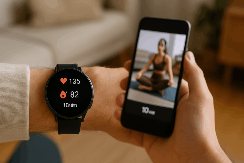 Boost Heart Health and Burn Calories Fast: Easy 10 Minute Cardio Workout at Home for Busy Adults 5 Smartwatch tracking heart rate and calories burned during an Easy 10 Minute Cardio Workout at Home, with a paused fitness video on a smartphone in a cozy living room.